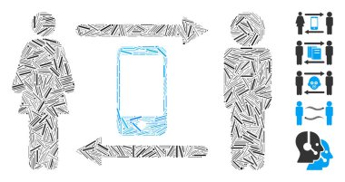 Hat mozaiği insanları rastgele boyutlarda ve renk renklerinde ince elementlerden organize edilmiş akıllı telefon simgelerini değiş tokuş ederler. Vektör satırı ögeleri soyut illüstrasyon şeklinde düzenlenir insanlar akıllı telefon simgesi değiş tokuşu yaparlar.