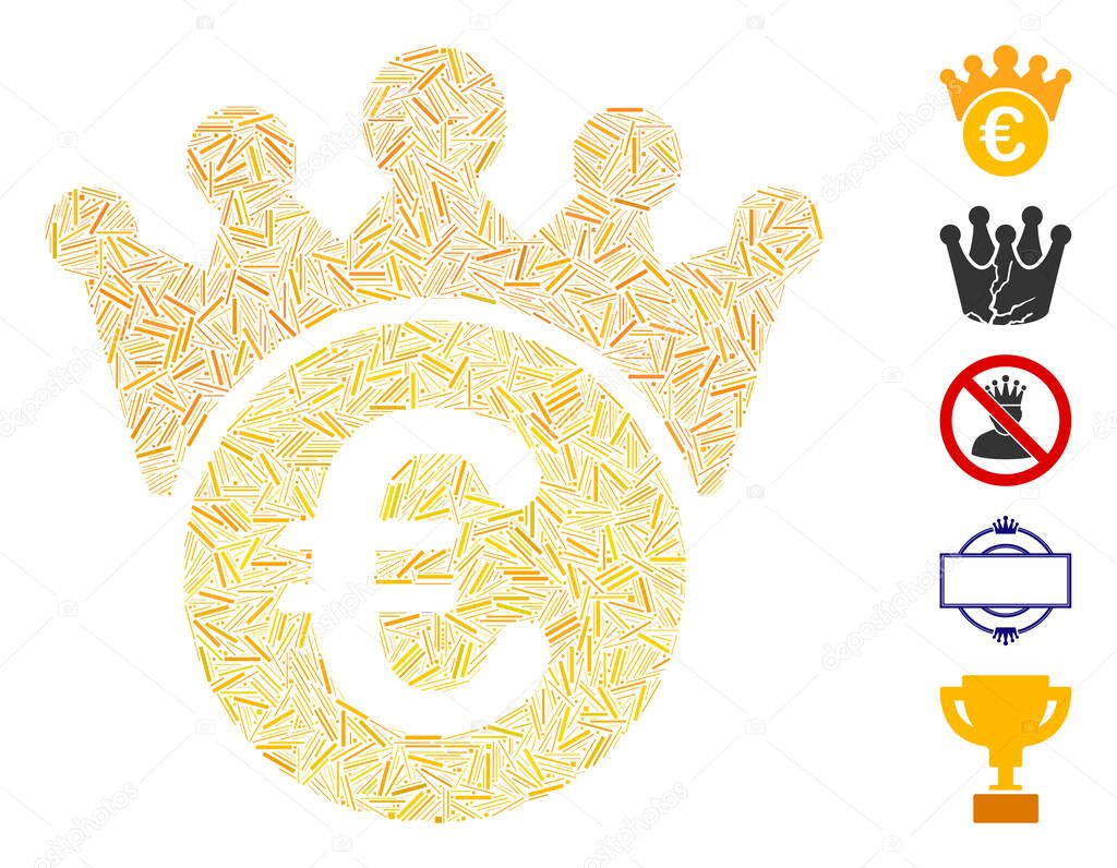 Line mosaic Euro crown icon united from thin items in different sizes and color hues. Vector hatch items are arranged into abstract mosaic Euro crown icon. Bonus pictograms are placed.