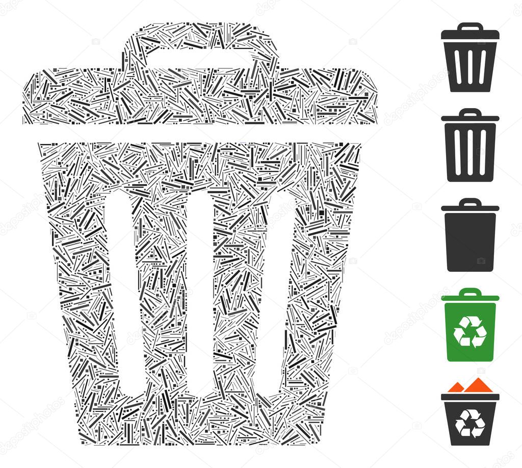 Line mosaic trash can icon composed of thin items in variable sizes and color hues. Vector line elements are composed into abstract mosaic trash can icon. Bonus pictograms are added.