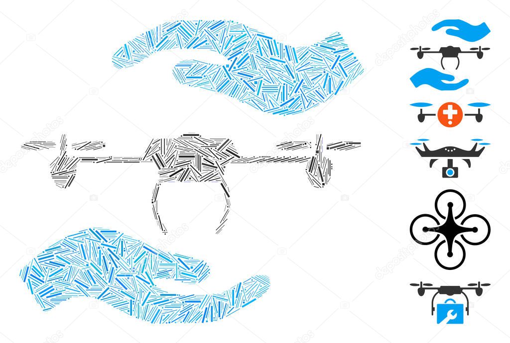 Line collage airdrone care hands icon constructed from straight elements in variable sizes and color hues. Vector line items are arranged into abstract collage airdrone care hands icon.