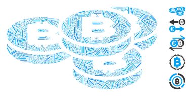 Kapak kolajı Bitcoin sikkeleri simgesi, değişken boyutlarda ve renk renklerinde dar ögelerden düzenlenmiştir. Vektör kapağı parçaları soyut kolaj kolajı Bitcoin sikkeleri simgesine dönüştürülür. İkramiye simgeleri eklendi.
