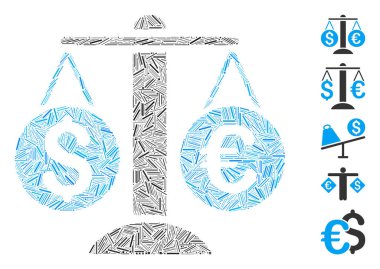 Çizgi mozaik para birimi dengesi simgesi değişken boyutlarda ve renk renklerinde ince nesnelerden birleşti. Vektör kapağı ögeleri soyut mozaik para birimi dengesi simgesi olarak birleştirilir. İkramiye piktogramları eklendi.