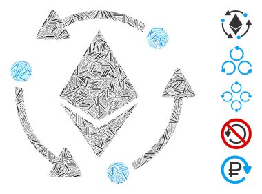 Çizgi kolajı Ethereum döndürme simgesi farklı boyutlarda ve renk renklerinde dar elementlerden oluşur. Vektör çizgisi elementleri soyut kolaj dönüm simgesi olarak gruplandırılır.