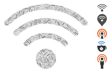 Çizgi Kolajı Wi-Fi kaynak simgesi farklı boyutlarda ve renk renklerinde dar elementlerden düzenlenmiştir. Vektör satırı ögeleri soyut illüstrasyon Wi-Fi kaynak simgesi olarak düzenlenir.