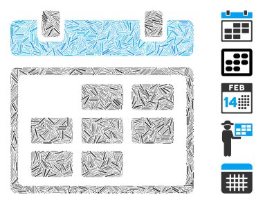 Farklı boyutlarda ve renk renklerinde ince elementlerden oluşan doğrusal kolaj ay takvim simgesi. Vektör doğrusal ögeler soyut kolaj ay takvim simgesi olarak düzenlenir. İkramiye simgeleri eklendi.