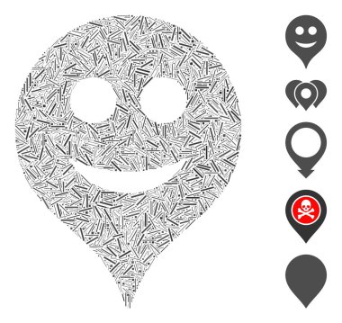 Rastgele boyutlarda ve renk renklerinde dar ögelerden sıralanmış doğrusal kolaj gülümseme haritası belirleyici simgesi. Vektör doğrusal ögeler soyut resimli gülümseme haritası simgesi olarak birleştirilmiştir.