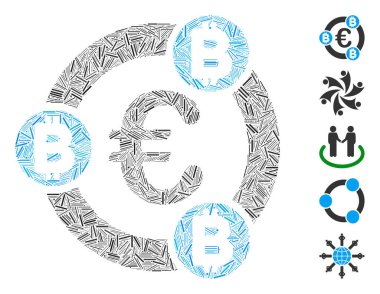 Hat mozaiği Euro Bitcoin işbirliği simgesi çeşitli boyutlarda ve renk renklerinde dar nesnelerden birleşti. Vektör hattı elemanları soyut mozaik Euro Bitcoin işbirliği simgesi olarak düzenlenmiştir.