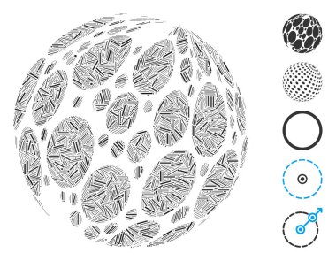 Çizgi kolajı, değişken boyutlarda ve renk tonlarında düz nesnelerden tasarlanmış soyut küre simgesi tespit etti. Vektör satırı ögeleri soyut kolaj benekli soyut küre simgesi olarak birleştirilmiştir.