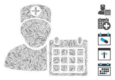 Çizgi kolajı doktoru takvim simgesi rastgele boyutlarda ve renk renklerinde düz ögelerden oluşturuldu. Vektör kapağı ögeleri soyut kolaj doktor takvim simgesi olarak düzenlenir.