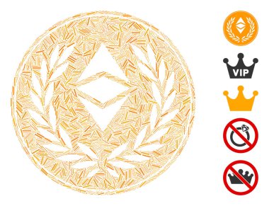 Çizgi kolajı Ethereum klasik defne sikkesi simgesi değişken boyutlarda ve renk renklerinde düz elementlerden oluşur.