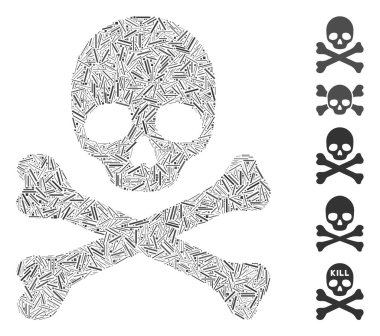 Rastgele boyutlarda ve renk renklerinde düz nesnelerden düzenlenmiş mozaik kafatası ve çapraz kemik simgesini birleştirin. Vektör kapağı ögeleri soyut illüstrasyon kafatası ve çapraz kemik simgesi olarak düzenlenir.