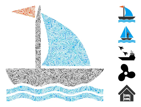 Linea Collage Barca Icona Composta Oggetti Stretti Diverse Dimensioni Tonalità — Vettoriale Stock