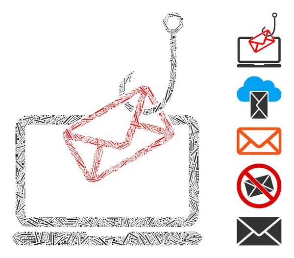 Ligne Collage Ordinateur Portable Mail Phishing Icône Construite Partir Articles — Image vectorielle