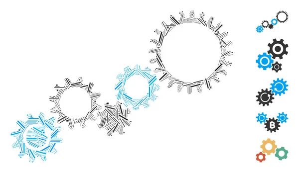 舱口拼接齿轮机构图标由任意尺寸和颜色的窄元素组成 矢量线元组成抽象的马赛克齿轮机构图标 奖状象形文字被放置 — 图库矢量图片