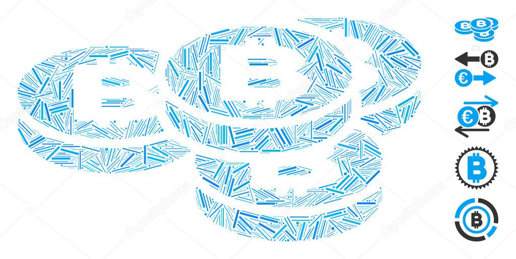 Hatch collage Bitcoin coins icon organized from narrow items in variable sizes and color hues. Vector hatch parts are composed into abstract collage Bitcoin coins icon. Bonus icons are added.