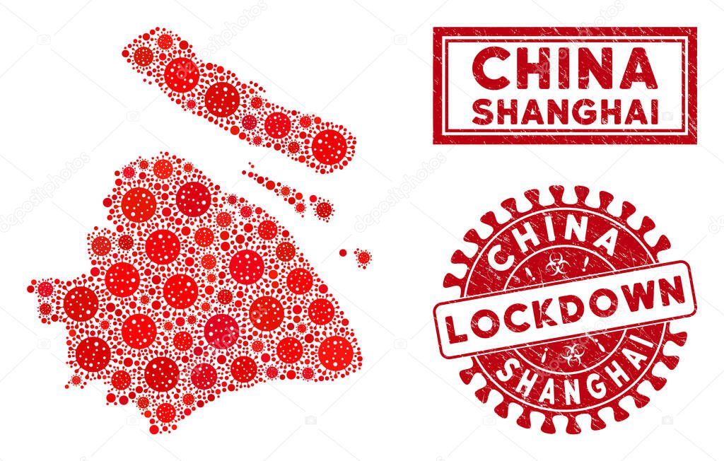 Mosaic Shanghai City Map and Grunge Lockdown Seals