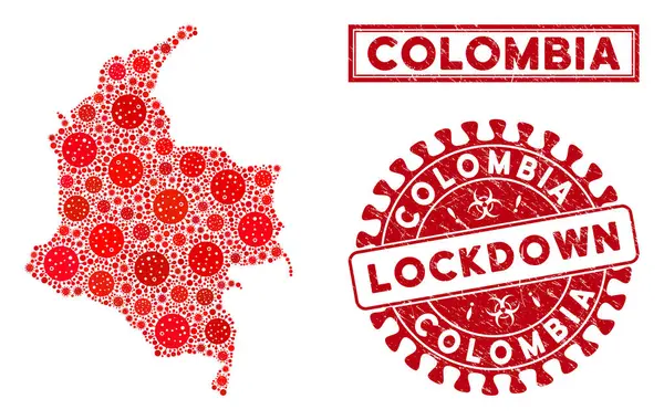Mosaic Colombia Map and Distress Lockdown Seals — 图库矢量图片