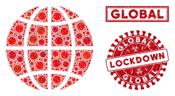 Mosaico planeta globo y Grunge Lockdown marcas de agua — Vector de stock