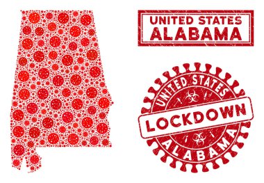 Mozaik Alabama Eyaleti Haritası ve Grunge Kilitleme Damgaları