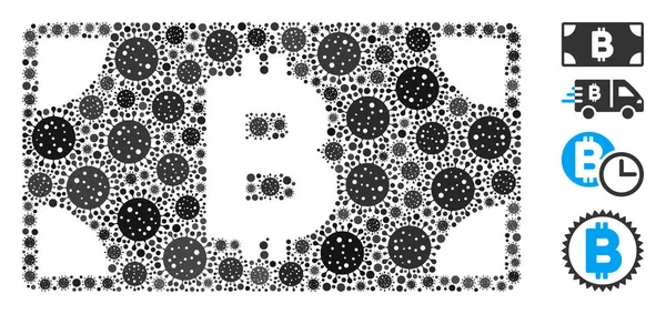 Covid Virüs Ögelerinin Bitcoin Nakit Banknotu Mozaiği — Stok Vektör