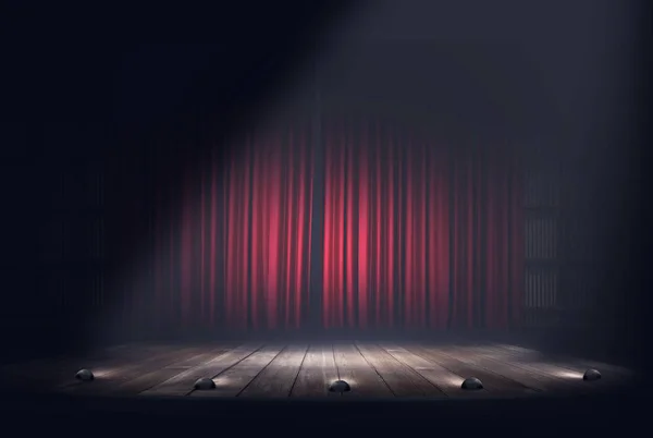 Primer plano del haz de luz en el escenario del teatro vacío con cortina roja — Foto de Stock