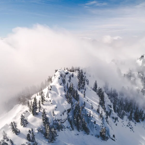 Stylized Aerial Vew of Snowy Mountain Top and Hazy Fog Clouds — Stock Photo, Image