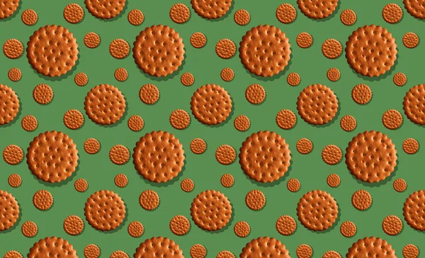 Runde Trockene Kekse Auf Grünem Hintergrund Schöne Trendige Muster Konzept — Stockfoto