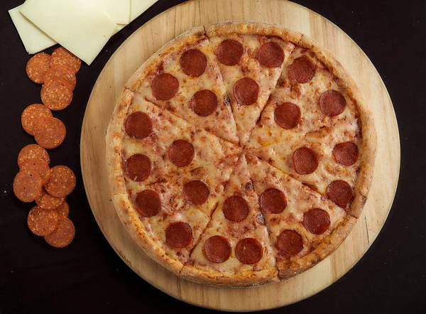 Large Pepperoni Pizza Ingredients Black Top View Background Top View — Stock Photo, Image