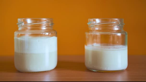 Two jars of yeast are fermented in turn. To the left is ordinary yeast. Dry on the right. Orange background. Time Lapse effect — Stock Video