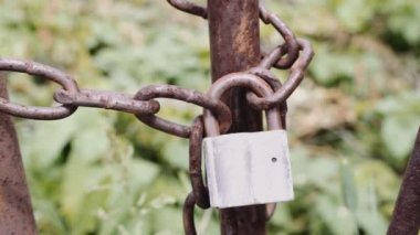 Paslı bir zincirdeki eski kilit. Bir adamın eli kapalı olduğundan emin olmak için onu çeker. Çok kaliteli görüntüler.