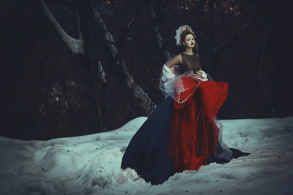 Mooi Model Met Creatieve Make Poseren Een Winter Forest — Stockfoto