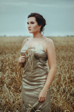 Altın buğday başaklarıyla tarlada poz veren güzel kız