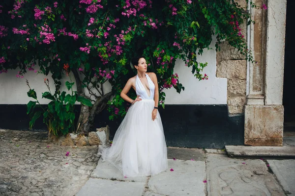 Lady Vestita Bianco Posa Nel Castello — Foto Stock