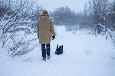 Adam kış ormanında köpeğiyle yürüyor.