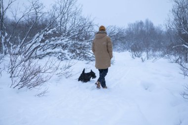 Adam kış ormanında köpeğiyle yürüyor.