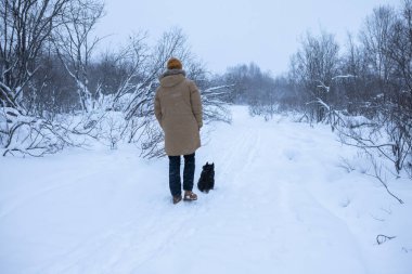Adam kış ormanında köpeğiyle yürüyor.