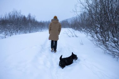 Adam kış ormanında köpeğiyle yürüyor.