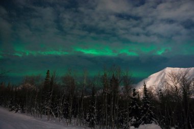 Arka plandaki gece dağlarında kuzey ışıkları