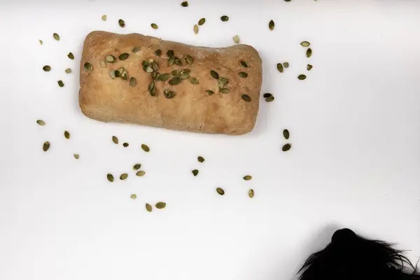 Pão ciabatta italiano fica sozinho em um fundo branco com sementes de abóbora e cão no canto — Fotografia de Stock