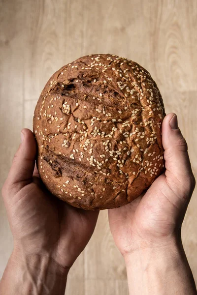 Man's hands hold tasty fresh loaf of dark bread with sesame seeds on light background — Stock Photo, Image
