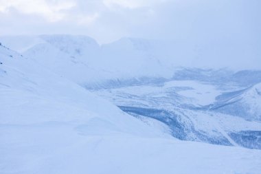 Karlı bir manzara. Dağların karlı zirvesinden vadiye çıplak ağaçlarla bakan manzara.