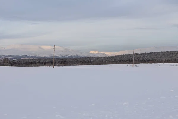 Paysage hivernal - champ enneigé, forêt et montagnes en arrière-plan. Nord russe — Photo