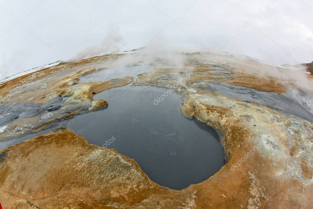 bubbling sulphuric geysers in Iceland. Powerful geothermal