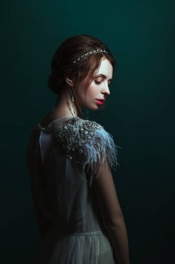 Omuzlarında parlak elementler olan şeffaf bir elbiseyle geçmişe dönük bir kızın eski moda portresi..