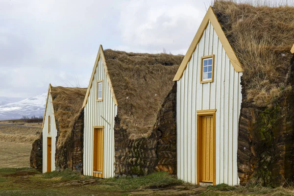 Kolorowe drewniane domy wykonane z naturalnego materiału z dachem trawiastym. Autentyczne krajobrazy Islandii — Zdjęcie stockowe