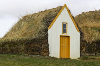 Çimen çatılı kırsal evler. İzlanda manzarası