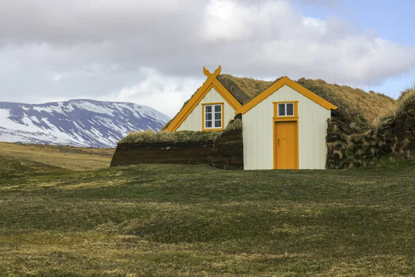 Farbige Holzhäuser aus Naturmaterial mit Grasdach. Authentische Landschaft Islands — Stockfoto