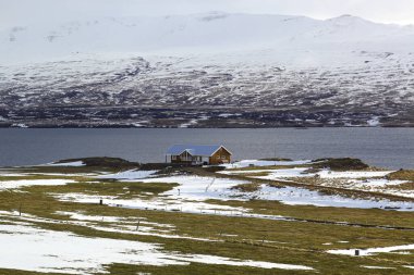 Kara ve dağlar karla kaplı, okyanus kenarında..