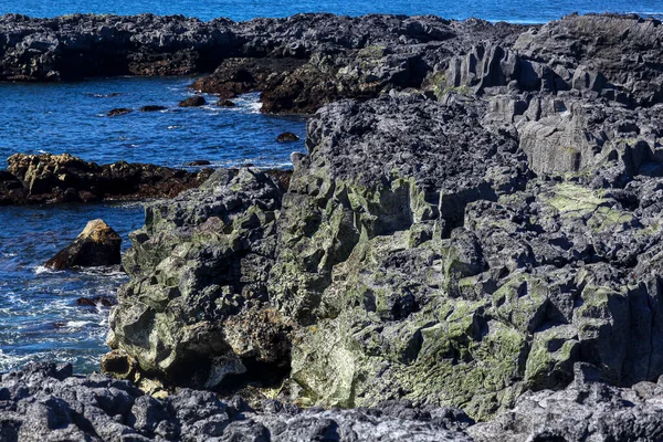 Skaliste wybrzeże Oceanu Atlantyckiego w Islandii. Duże piękne kamienie na tle — Zdjęcie stockowe