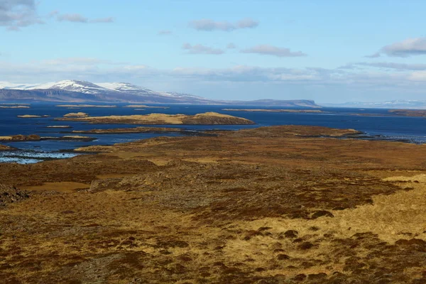 Paisagem de outono da Islândia. Montanhas cobertas de neve no fundo, no oceano e na costa, cobertas com grama amarela . — Fotografia de Stock